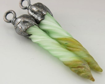 Green Handmade Lampwork Beads Long Drop Earring Pair Glass Icicle SRA Lampwork Copper Pair Electroplated Jewelry Supplies Heather Behrendt