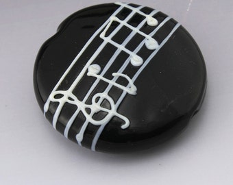 SRA Lampwork Bead Music Bead Focal Black Lentil Music Note Manuscript Black and White Flamework Bead Handmade Glass Heather Behrendt