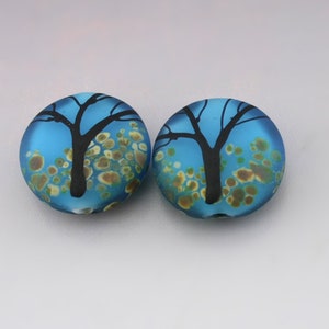 SRA Lampwork Bead Pair Tree Beads Fall Beads Autumn Beads Etched Lampwork Beads Artisan Glass Beads Pink Purple Blue Green Heather Behrendt Aqua