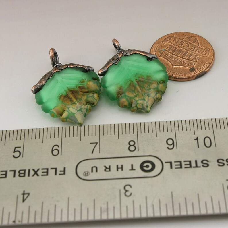SRA Lampwork Beads Green Etched Emerald Leaf Bead Pair Copper Electroformed Earring Pair Electroplated Jewelry Supplies Heather Behrendt image 2