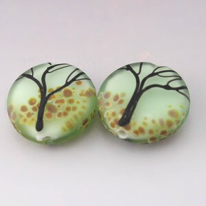 SRA Lampwork Bead Pair Tree Beads Fall Beads Autumn Beads Etched Lampwork Beads Artisan Glass Beads Pink Purple Blue Green Heather Behrendt Pale Emerald