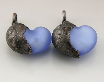 Blue Lampwork Beads Periwinkle Lampwork Heart Pair Glass Heart Beads Copper Electroformed Jewelry Supplies Bright Beads Heather Behrendt