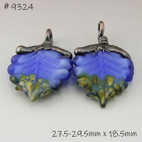 Blue Etched SRA Lampwork Beads Cobalt Leaf Bead Pair Copper Electroformed Earring Pair Electroplated Jewelry Supplies Heather Behrendt