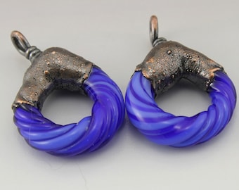 SRA Lampwork Beads Handmade Art Beads Glass Hoop Earring Pair Blue Lampwork Beads Circle Glass Beads Electroformed Glass Heather Behrendt