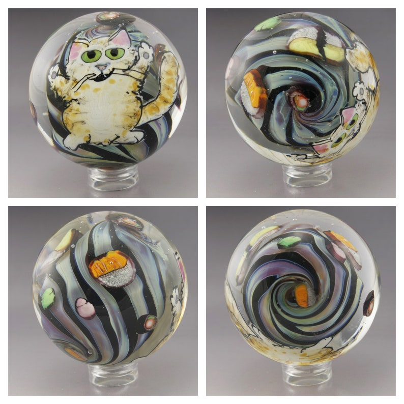 SRA Lampwork Glass MIB Collectible Art Glass Marble Cat Eating Sushi Kitty Animal Handmade Marble Heather Behrendt m123 image 1
