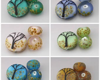 SRA Lampwork Bead Pair Tree Beads Fall Beads Autumn Beads Etched Lampwork Beads Artisan Glass Beads Pink Purple Blue Green Heather Behrendt