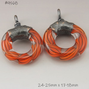 SRA Lampwork Beads, Orange Glass Beads, Circle Hoop Lampwork Pair, Copper Electroformed Lampwork Bead, Jewelry Supplies, Heather Behrendt