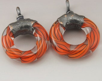 Twisty SRA Lampwork Beads Orange Black Glass Circle Hoop Lampwork Pair Copper Electroformed Lampwork Bead Jewelry Supplies Heather Behrendt