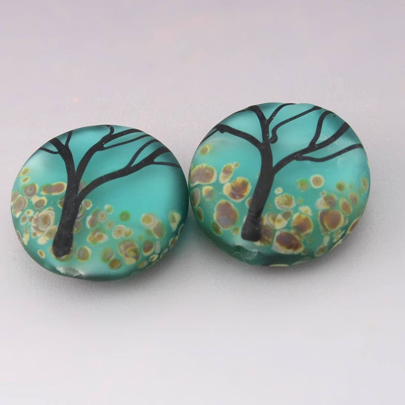 SRA Lampwork Bead Pair Tree Beads Fall Beads Autumn Beads Etched Lampwork Beads Artisan Glass Beads Pink Purple Blue Green Heather Behrendt Teal