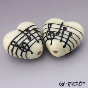 Music Beads, Handmade Lampwork Beads, Glass Heart Beads, Artisan Manuscript Lampwork Beads, SRA Lampwork Bead Pair, Heather Behrendt