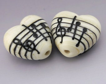 Handmade Lampwork Beads Music Beads Ivory Lampwork Beads Glass Heart Beads Artisan Lampwork Beads SRA Lampwork Bead Pair Heather Behrendt