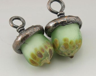 Green Lampwork Bead Acorn Beads Autumn Glass Beads Lampwork Copper Electroformed Beads Etched Beads Fall Jewelry Supplies Heather Behrendt