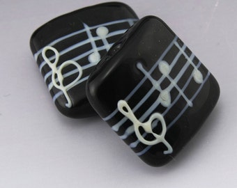 Artisan Lampwork Beads Handmade Lampwork Glass Beads Music Beads Black and White Square Bead Pair Music Lover Manuscript Heather Behrendt