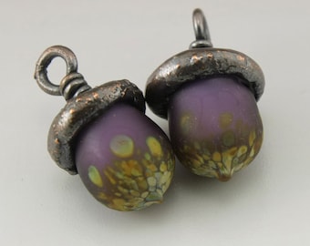 Purple Lampwork Bead Acorn Beads Autumn Glass Beads Lampwork Copper Electroformed Beads Etched Beads Fall Jewelry Supplies Heather Behrendt