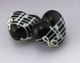 Music Beads SRA Lampwork Beads Black and White Beads Musician Bead Pair Earring Pair Treble Clef Bead Manuscript Beads Heather Behrendt MTO