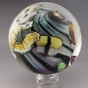 SRA Lampwork Glass MIB Collectible Art Glass Marble Cat Eating Sushi Kitty Animal Handmade Marble Heather Behrendt m123 image 3