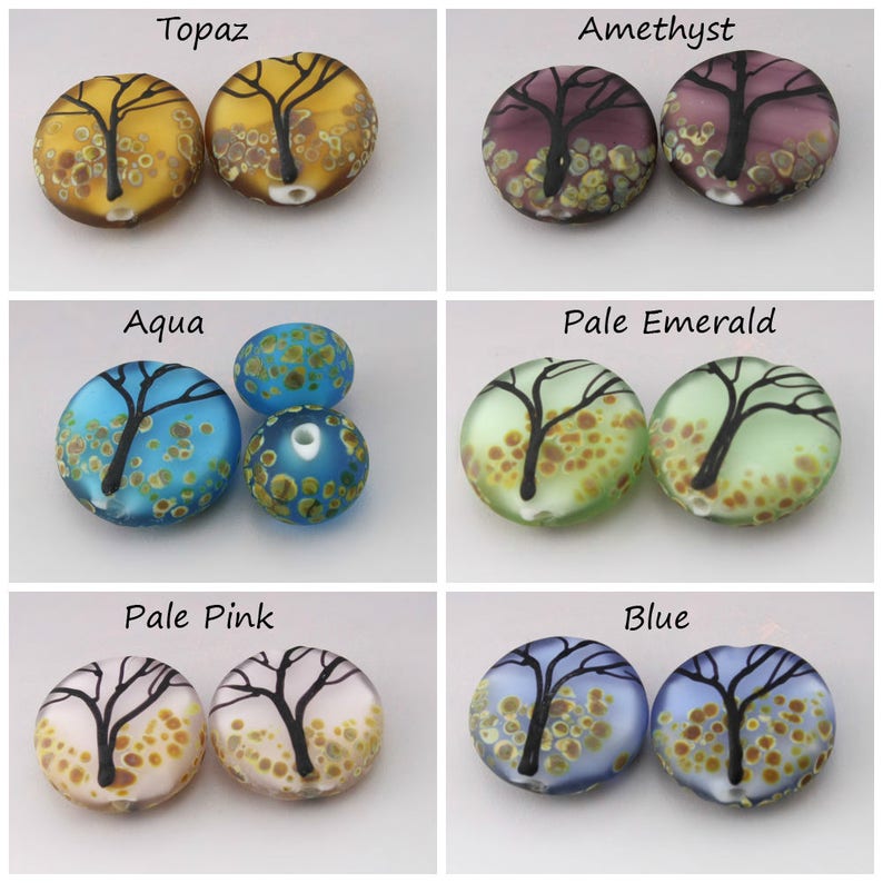 SRA Lampwork Bead Pair Tree Beads Fall Beads Autumn Beads Etched Lampwork Beads Artisan Glass Beads Pink Purple Blue Green Heather Behrendt image 2