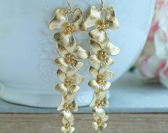Orchid Flower Earrings Gold Floral Flowers Dangle Earring Long Orchid Earring Bridal Flower Jewelry Cascading Flowers Nickel Free Earrings
