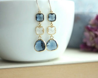 Light blue dangle earrings Aesthetic earrings Dark blue geometric earrings Fun unique earrings Blue earrings Glass bell handmade earrings