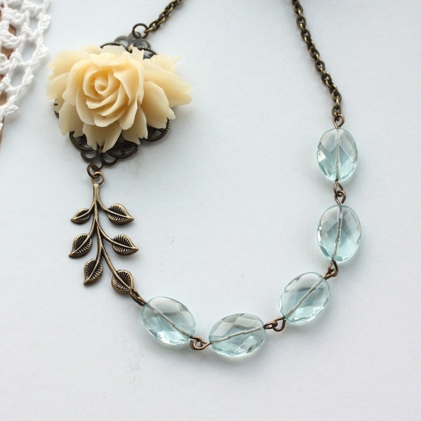 Mireia - An Ivory Cream Rose Flower and Aqua Quartz Necklace