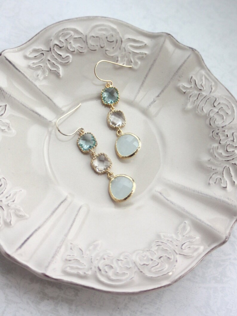 Blush Blue Earrings. Aqua Blue Clear Glass Gold Framed Blue Etsy