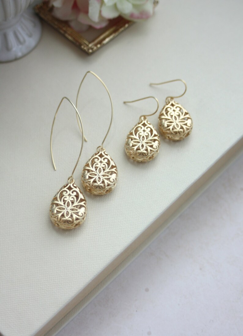 Gold Dangle Earrings Gold Lace Earrings Long Gold Teardrop Etsy