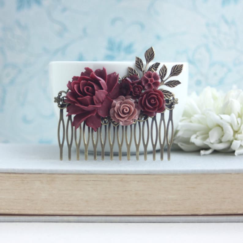 Burgundy Red Flower Large Comb Marsala Brown Large Hair Comb Ox Blood Wedding Comb Brown Maroon Deep Red Gold Leaf Branch Bridal Hair Comb