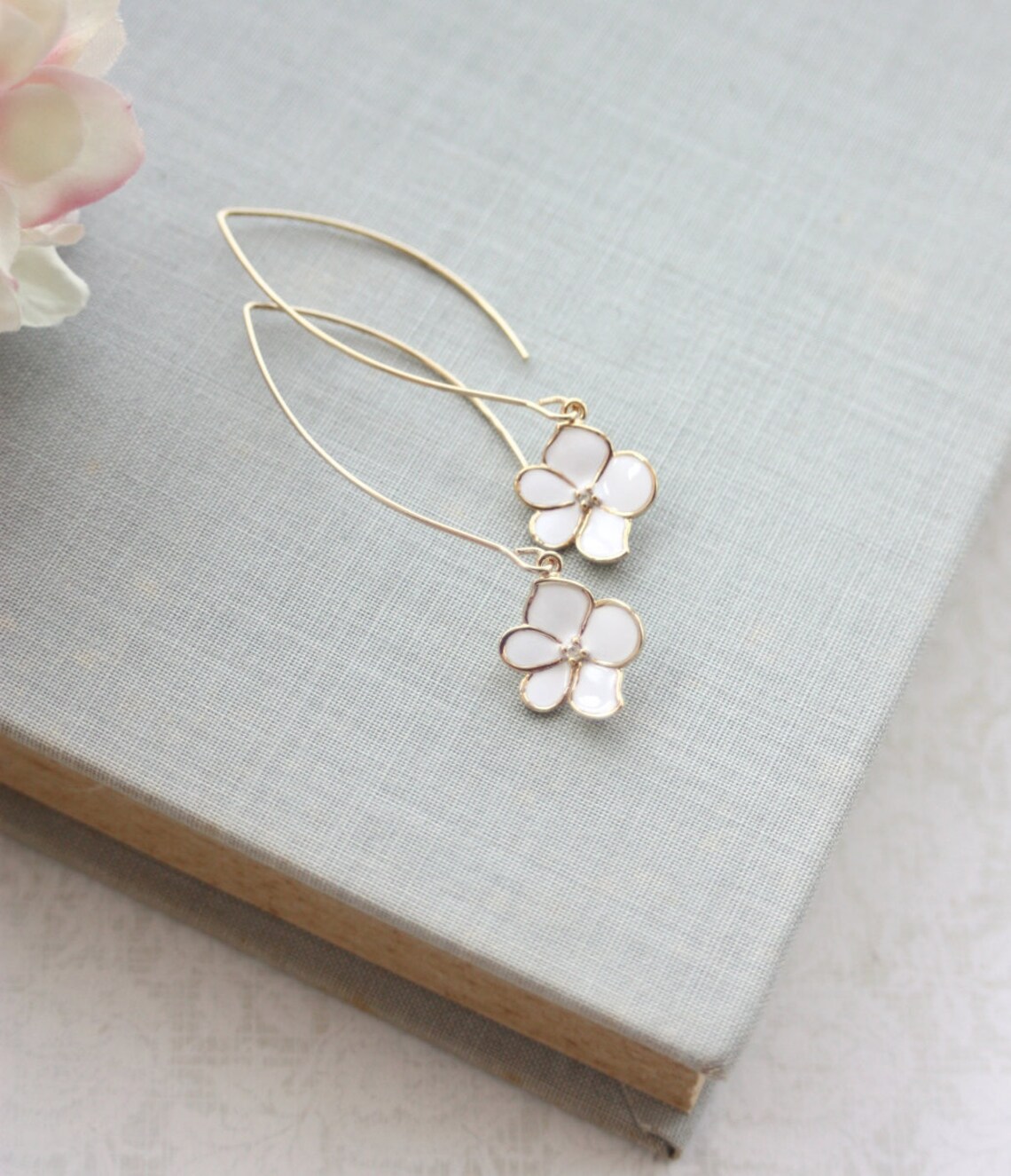 White Gold Enamel Flower Dangle Earrings. Marquise Long Etsy