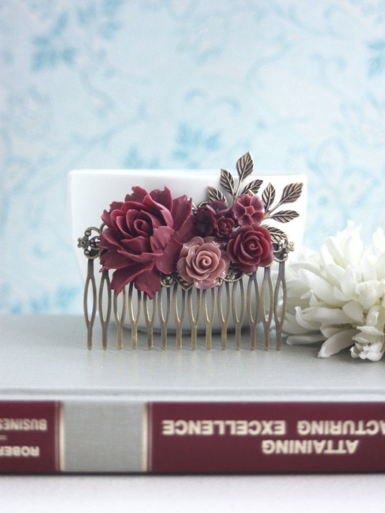 Burgundy Red Flower Large Comb Marsala Brown Large Hair Comb Ox Blood Wedding Comb Brown Maroon Deep Red Gold Leaf Branch Bridal Hair Comb