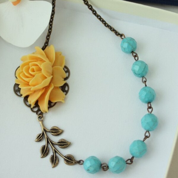 A Ray of Sunshine & Blue Skies - A Large Bright Orangey Yellow Rose Flower, Blue Howlite Gemstone Necklace. Summer. For Her. Maid of Honor.