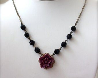 Dreamy Days - A Plum Amethyst Sakura Flower Cabochon, Black Faceted Glass Beads Necklace.  Bridesmaid Necklaces. Bridal Necklaces