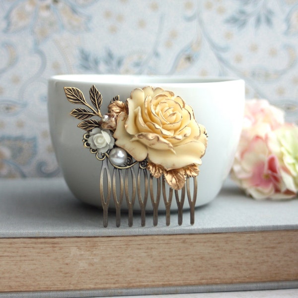 Hochzeit Haar-Kamm, Antik Gold Deutschland Messing Blatt Haarkamm Elfenbein Rose Gold, Blätter Haare kämmen Winter Gold Hochzeit fallen Gold Elfenbein Kamm