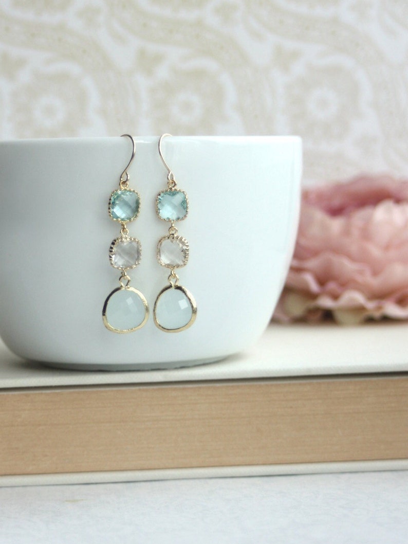 Blush Blue Earrings. Aqua Blue Clear Glass Gold Framed Blue Etsy