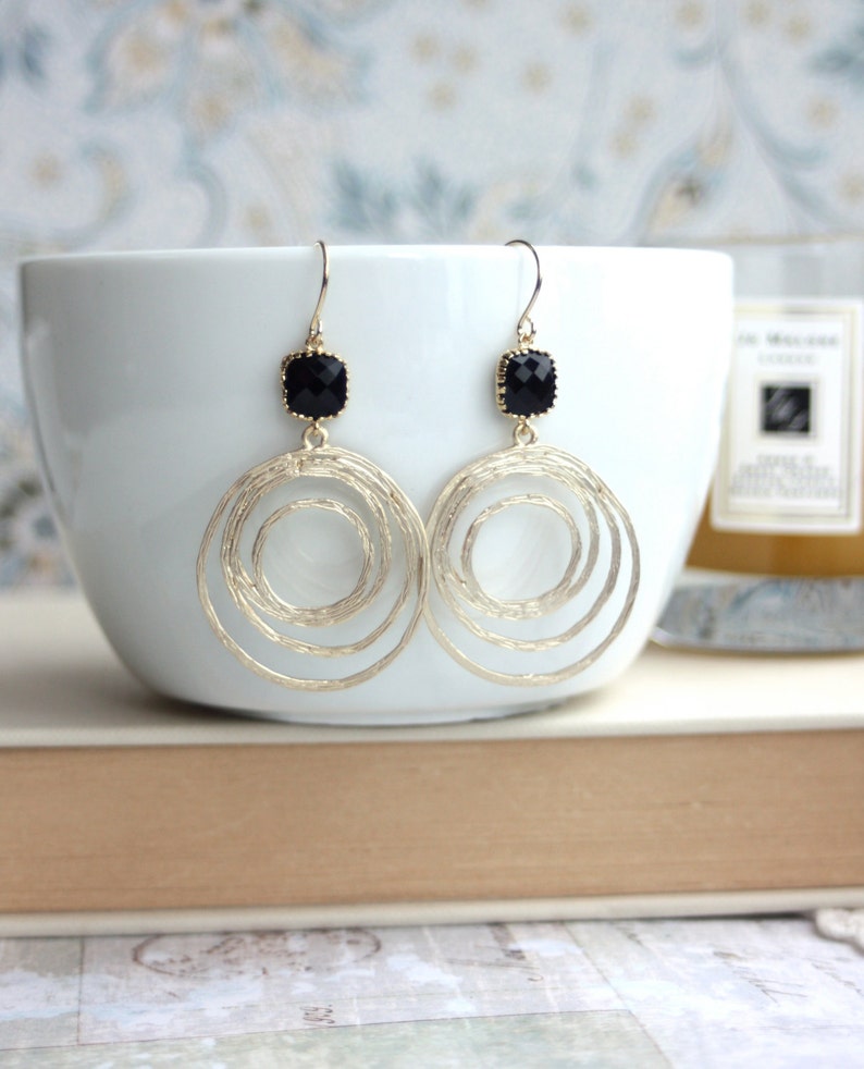 Gold and Black Earrings Gold Hoop Earrings Gold Circle Earrings Boho Chic Bohemian Loop dangle Earrings Black Glass Earrings Black Wedding