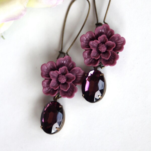 Purple Love - An Amethyst Vintage Glass Oval Jewels with Purple Sakura Flowers Earrings. For Mom. Bridesmaid Gift. Wedding