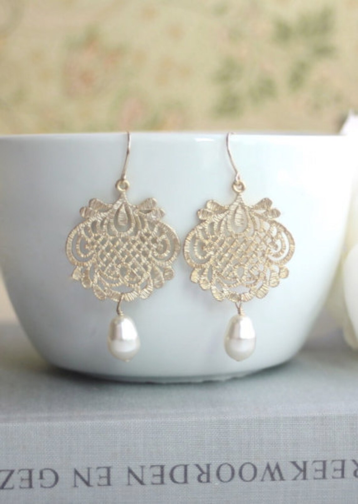 Wedding Gold Filigree Gold Earrings Ivory Pearls Gold Etsy