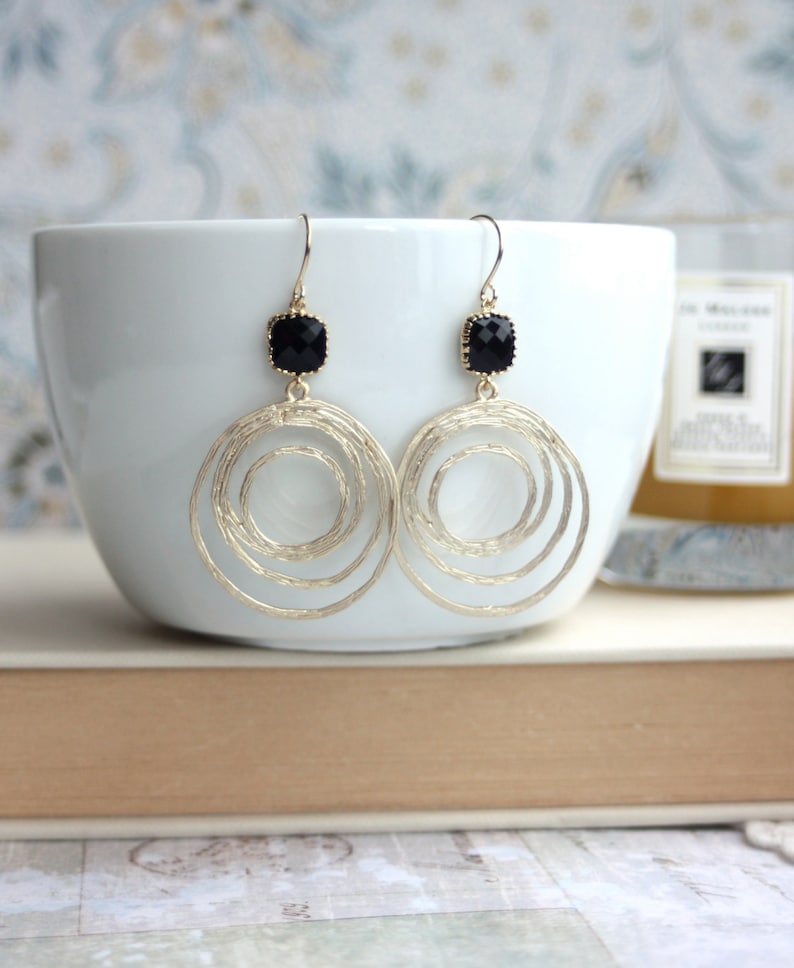 Gold and Black Earrings Gold Hoop Earrings Gold Circle Earrings Boho Chic Bohemian Loop dangle Earrings Black Glass Earrings Black Wedding