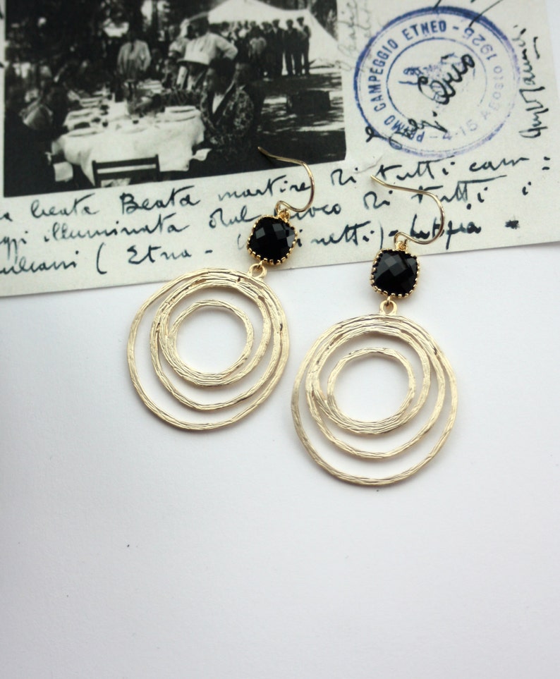 Gold and Black Earrings Gold Hoop Earrings Gold Circle Earrings Boho Chic Bohemian Loop dangle Earrings Black Glass Earrings Black Wedding