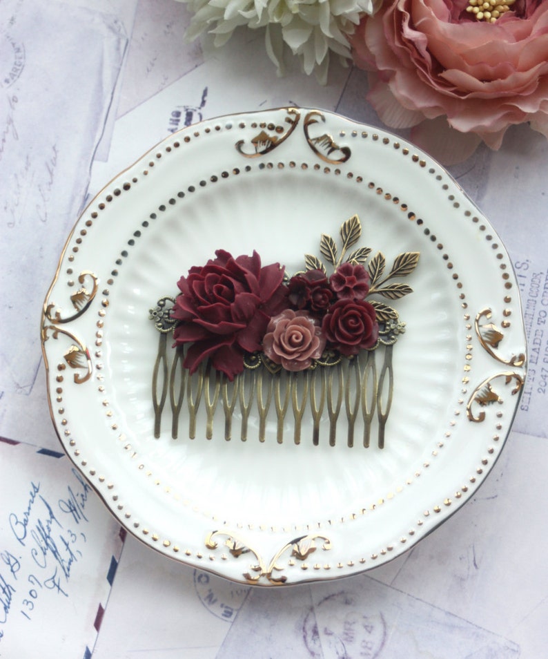 Burgundy Red Flower Large Comb Marsala Brown Large Hair Comb Ox Blood Wedding Comb Brown Maroon Deep Red Gold Leaf Branch Bridal Hair Comb