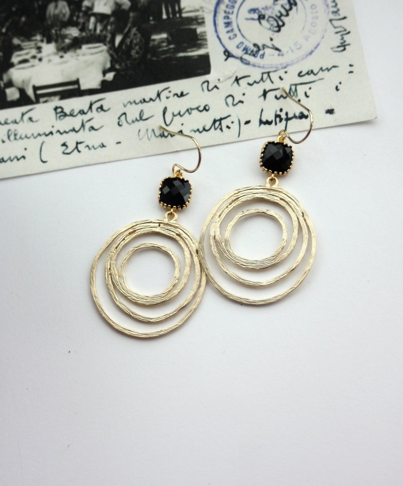 Gold and Black Earrings Gold Hoop Earrings Gold Circle Earrings Boho Chic Bohemian Loop dangle Earrings Black Glass Earrings Black Wedding