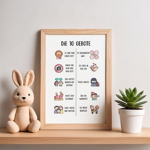 Póster digital Los Diez Mandamientos | Póster ilustrado para niños | Póster bíblico en alemán | Decoración de pared para niños