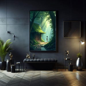 Studio Ghibli Poster, Mystische Waldszene, Prinzessin Mononoke, Sonnenlicht, digitale Malerei, Wandkunst, Home Decor