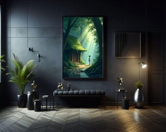 Studio Ghibli Poster, Mystical Forest Scene, Princess Mononoke, Sunlight Streaming Through Trees, Digital Painting Wall Art, Home Decor