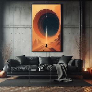 May include: A digital art print depicting a solitary figure standing on a desert landscape, gazing towards a large, dark, circular opening in the sky. The opening is surrounded by a bright orange glow.