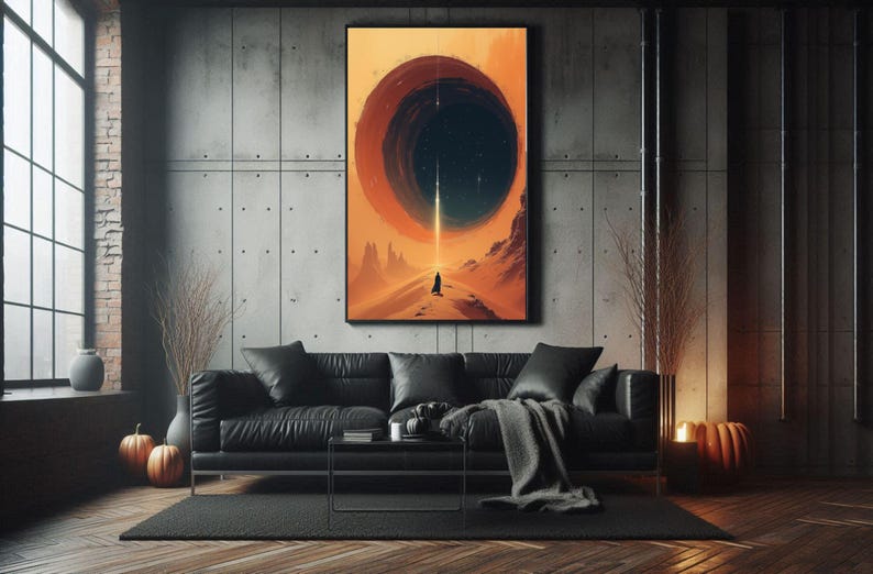 May include: A digital art print depicting a solitary figure standing on a desert landscape, gazing towards a large, dark, circular opening in the sky. The opening is surrounded by a bright orange glow.