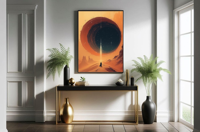 May include: A digital art print depicting a solitary figure standing on a desert landscape, gazing upwards at a large, dark, circular object in the sky. The object is encircled by a vibrant orange glow.