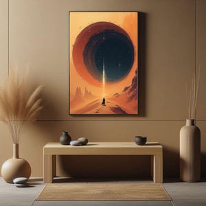May include: A digital art print depicting a solitary figure walking towards a large, black, circular opening in a desert landscape. The opening is encircled by a ring of orange and red, with a beam of light shining through it.