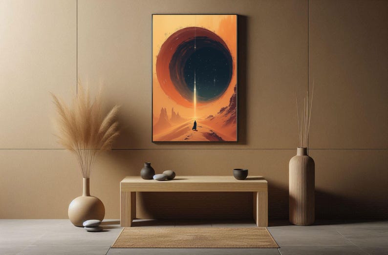 May include: A digital art print depicting a solitary figure walking towards a large, black, circular opening in a desert landscape. The opening is encircled by a ring of orange and red, with a beam of light shining through it.