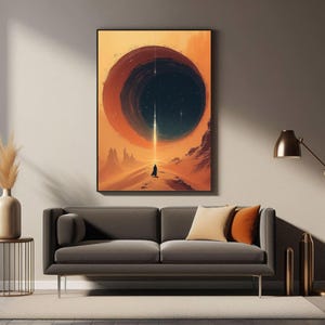 May include: A digital art print depicting a solitary figure standing on a desert landscape, gazing upwards at a large, dark, circular object in the sky. The object is encircled by a vibrant orange glow.