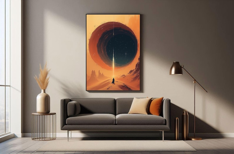 May include: A digital art print depicting a solitary figure standing on a desert landscape, gazing upwards at a large, dark, circular object in the sky. The object is encircled by a vibrant orange glow.